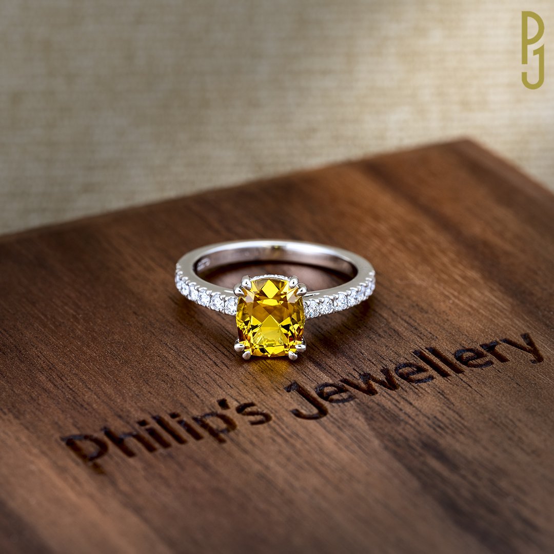 Custom Designed Engagement Ring Australian Sapphire Round Yellow Diamond Under Halo Philip's Jewellery Mackay.jpg