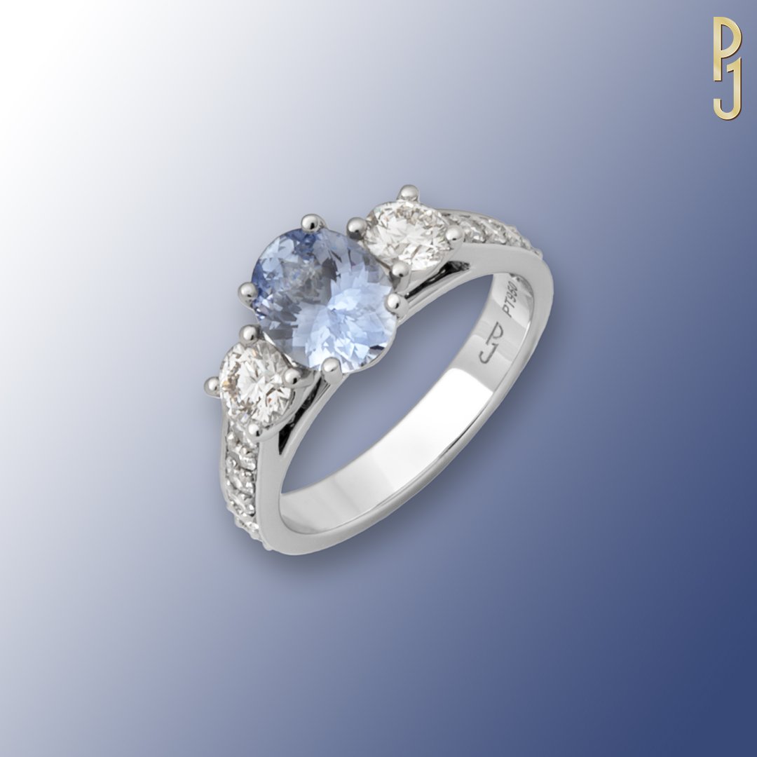 Custom Designed Engagement Ring Ceylon Sapphire Oval Diamond Three Stone Platinum Philip's Jewellery Mackay.jpg