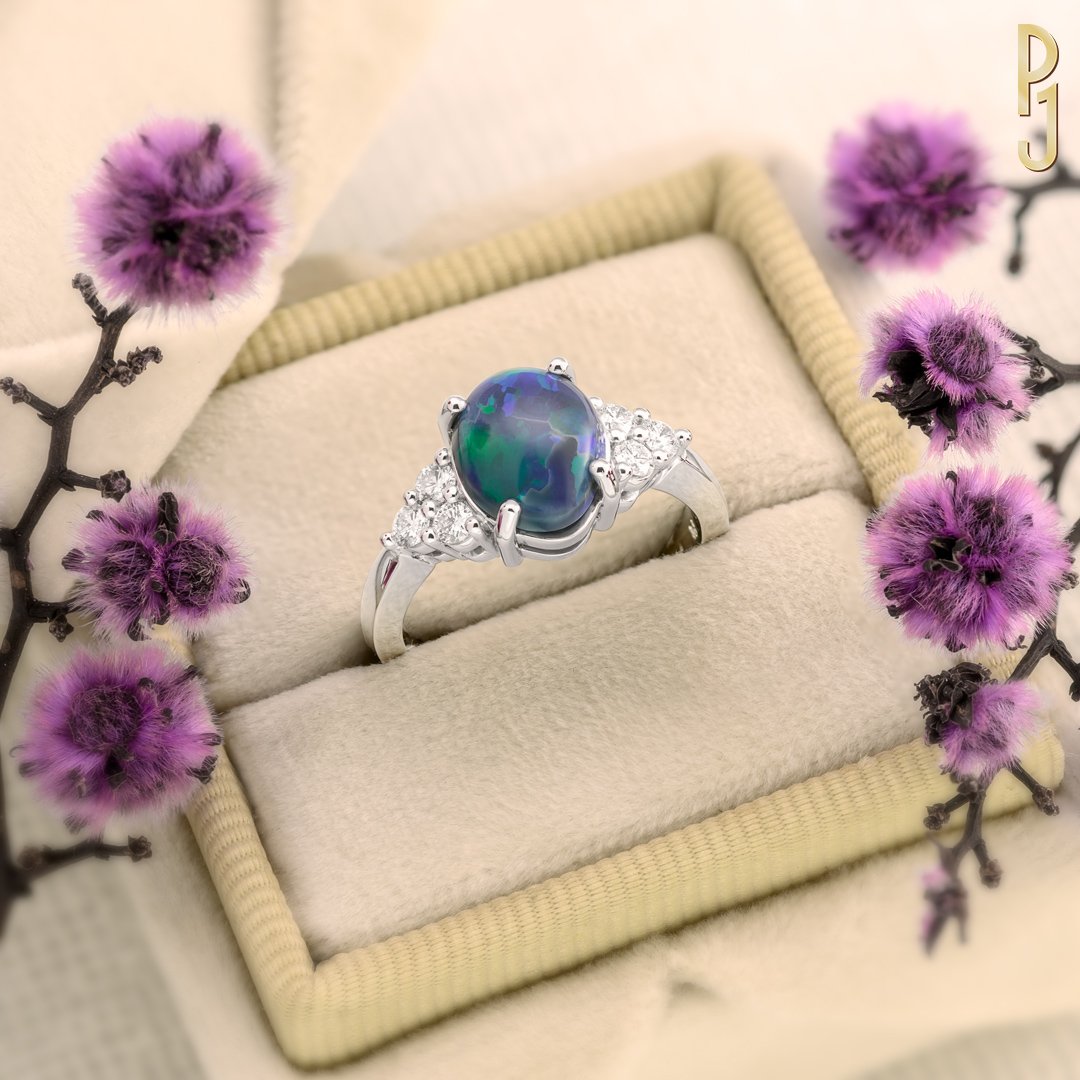 Custom Designed Engagement Ring Black Opal Diamonds Platinum Philip's Jewellery Mackay.jpg