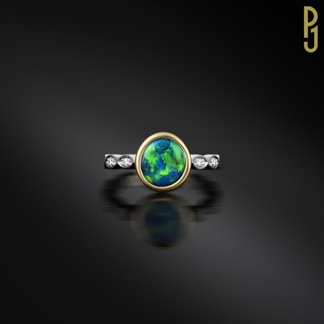 Custom Designed Engagement Ring Black Opal Diamonds Yellow Gold Platinum Philip's Jewellery Mackay.jpg
