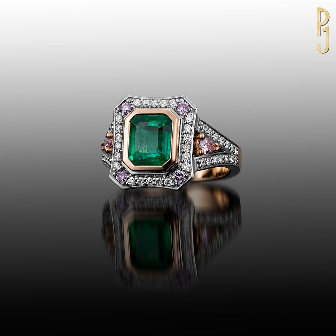 Custom Designed Dress Ring Zambian Emerald Arglye Pink Diamonds Halo Rose Gold Platinum Philip's Jewellery Mackay.jpg