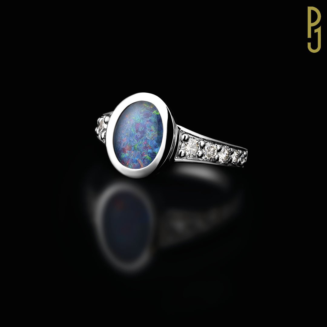 Custom Designed Dress Ring Black Opal Diamonds Platinum Philip's Jewellery Mackay.jpg