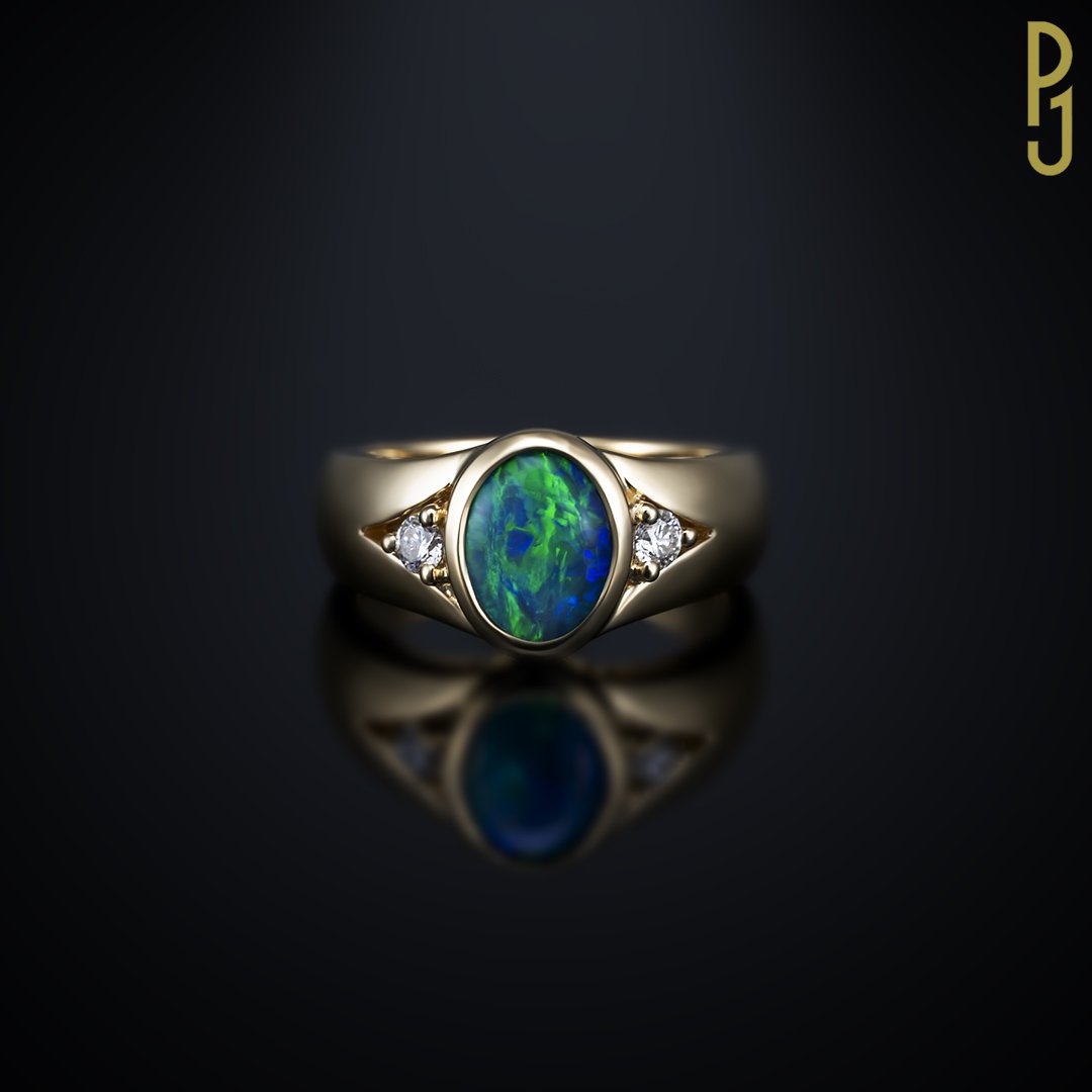 Custom Designed Dress Ring Black Opal Diamonds Yellow Gold Philip's Jewellery Mackay.jpg