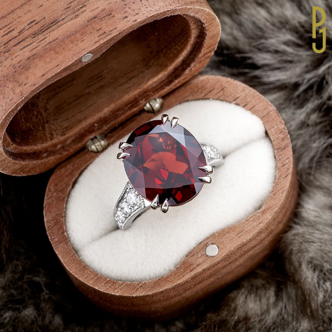 Custom Design Engagement Ring Oval Garnet Diamonds Platinum Millgrain Edge Philip's Jewellery Mackay.jpg