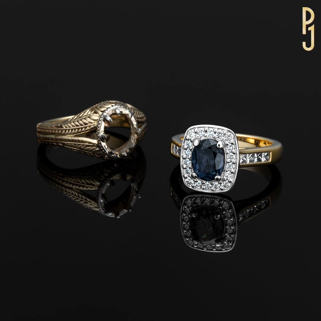 Custom Designed Dress Ring Australian Oval Blue Sapphire Cushion Diamond Halo Platinum Yellow Gold Philip's Jewellery Mackay.jpg