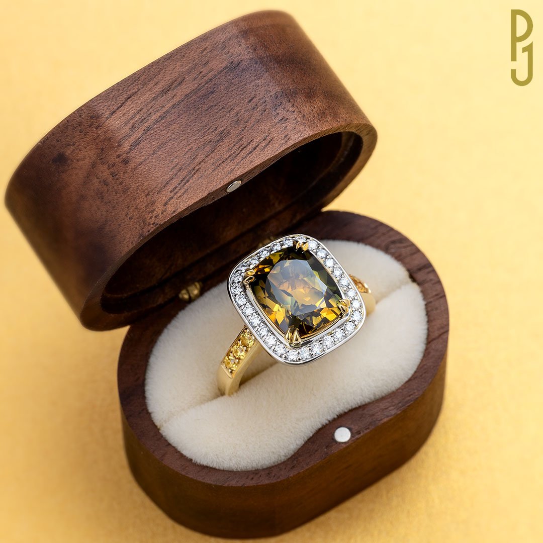 Custom Designed Dress Ring Australian Parti Sapphire Diamond Halo Platinum Yellow Gold Philip's Jewellery Mackay.jpg