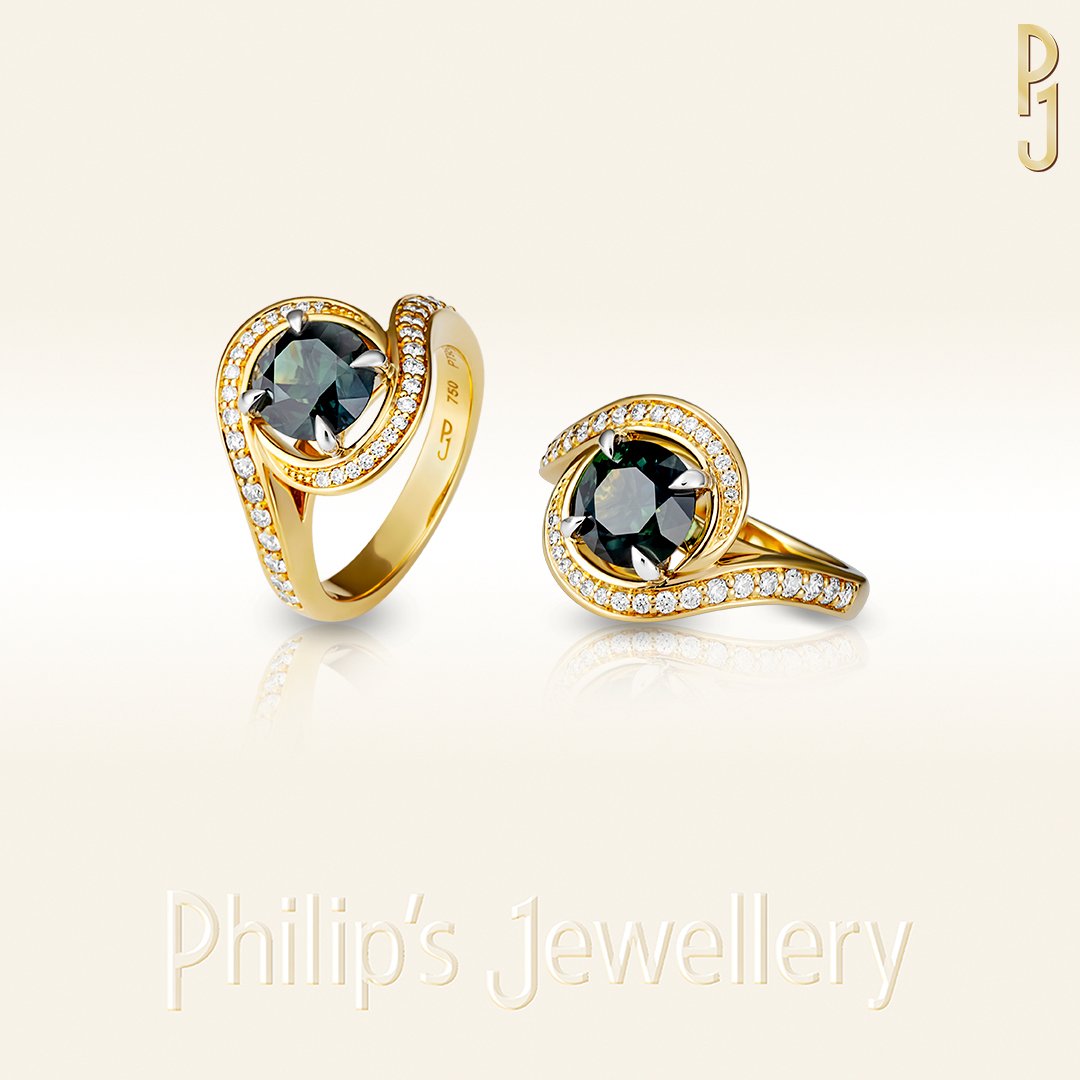 Custom Designed Dress Ring Australian Teal Sapphire Diamonds Yellow Gold Philip's Jewellery Mackay.jpg