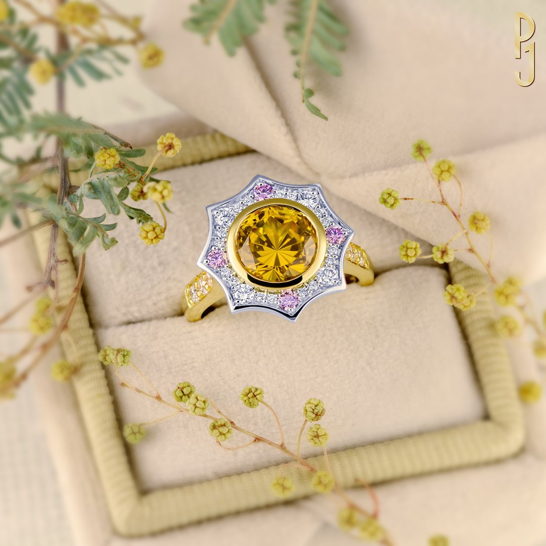Custom Designed Dress Ring Australian Yellow Sapphire Argyle Pink Diamonds Diamond Star Halo Philip's Jewellery Mackay.jpg