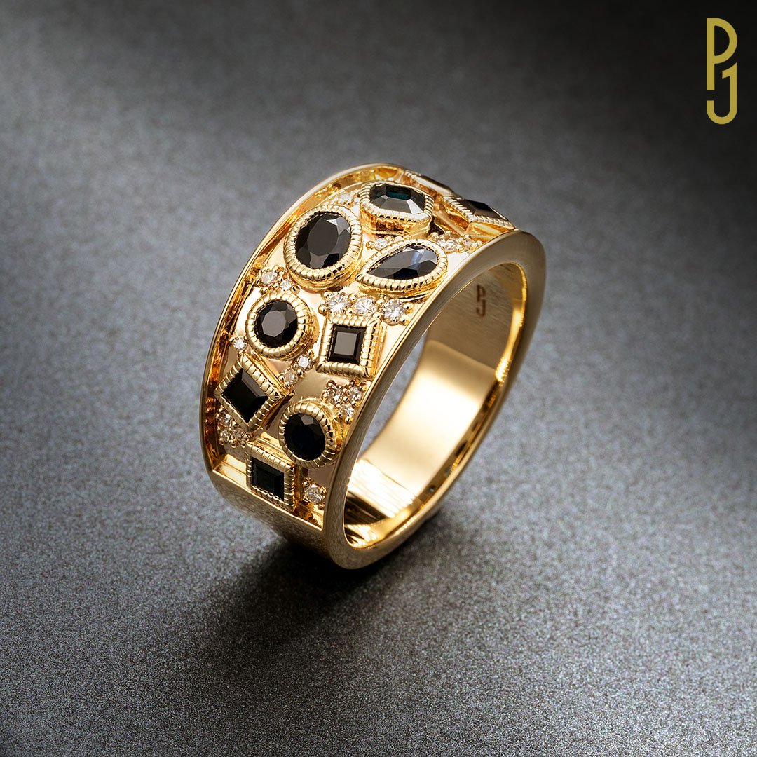 Custom Designed Dress Ring Multi Sapphire Diamond Wide Band Yellow Gold Philip's Jewellery Mackay .jpg