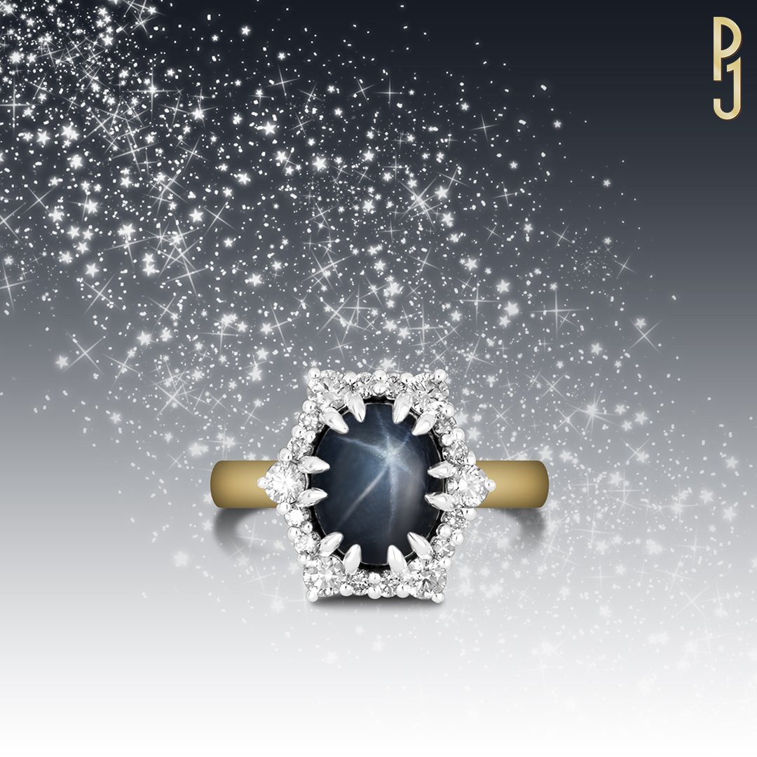 Custom Designed Dress Ring Star Sapphire Diamond Point Halo Platinum Yellow Gold Philip's Jewellery Mackay.jpg