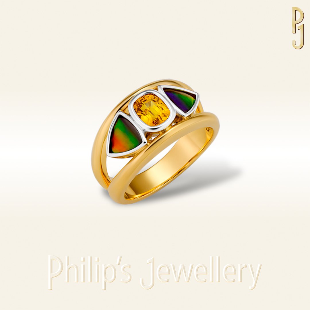 Custom Designed Dress Ring Yellow Sapphire & Ammolite Yelow Gold Platinum Philip's Jewellery.jpg