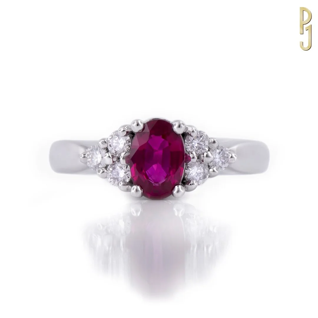 Ruby: Burmese, Oval, 1.12cts   Diamonds: RBC, 6 = 0.40cts, G VS1  Setting: Claw  Metal: 18ct White Gold   