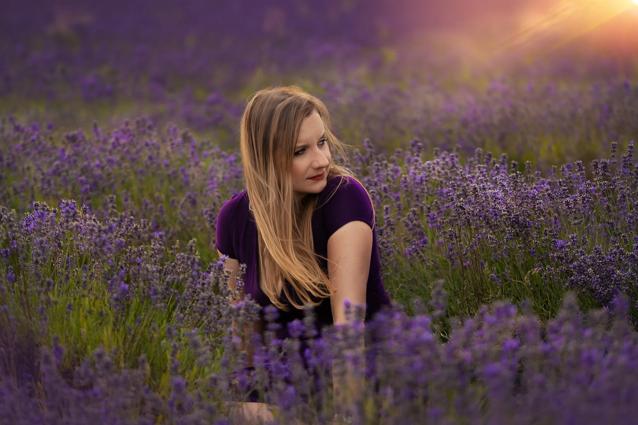 A woman with long blonde hair in a purple dress sitting in a lavender field during sunset.