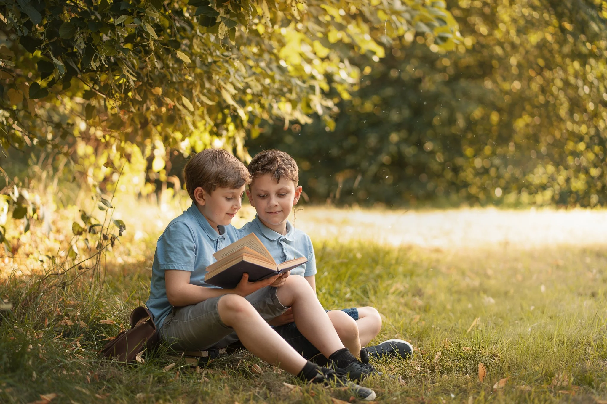 Two young boys sitting outdoors on grass, reading a book together under a tree with green and yellow leaves on a sunny day.