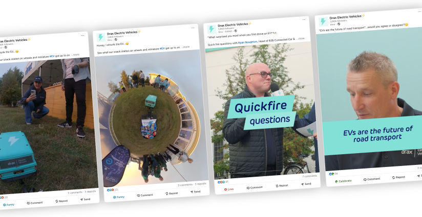 Series of photos from an electric vehicle event showing people with EVs, a 360-degree panoramic shot of multiple EVs on display, a man being interviewed about EVs, and a slide indicating EVs are the future of road transportation.