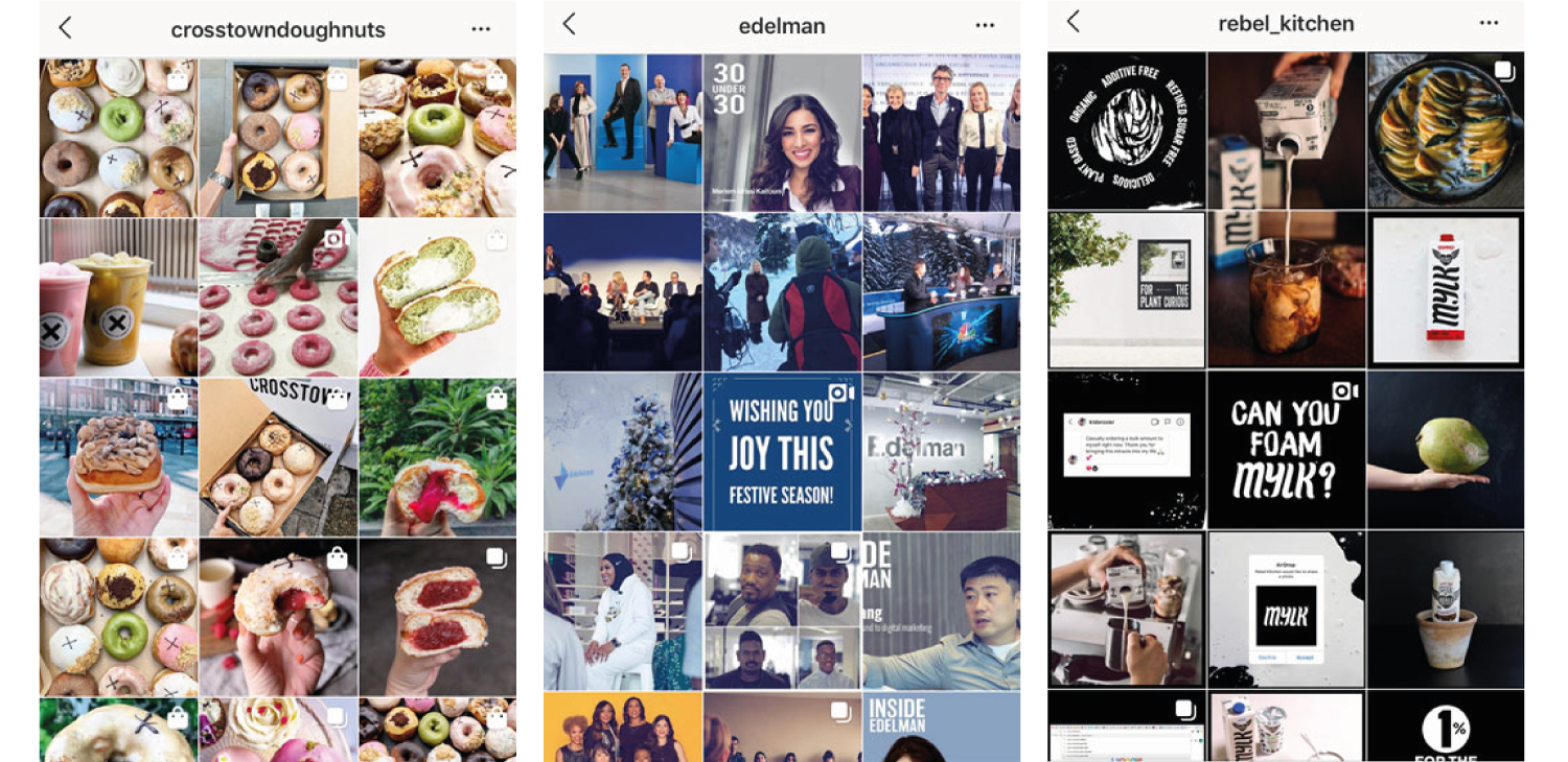 Examples of cohesive feeds from @crosstowndoughnuts , @edelman and @rebel_kitchen