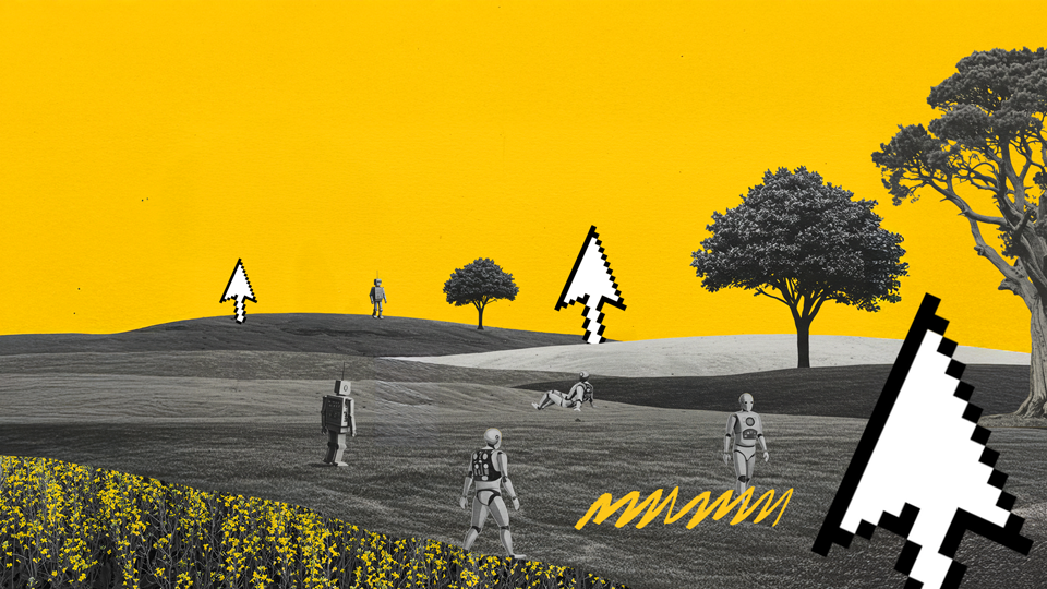 A collaged image of robots on a rural landscape dotted with trees and large pixelated computer mice. The sky is yellow.