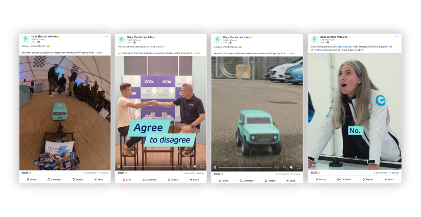 Four screenshots from a social media post about electric vehicles, featuring a test station, an interview, a toy car, and a woman in a racing suit.