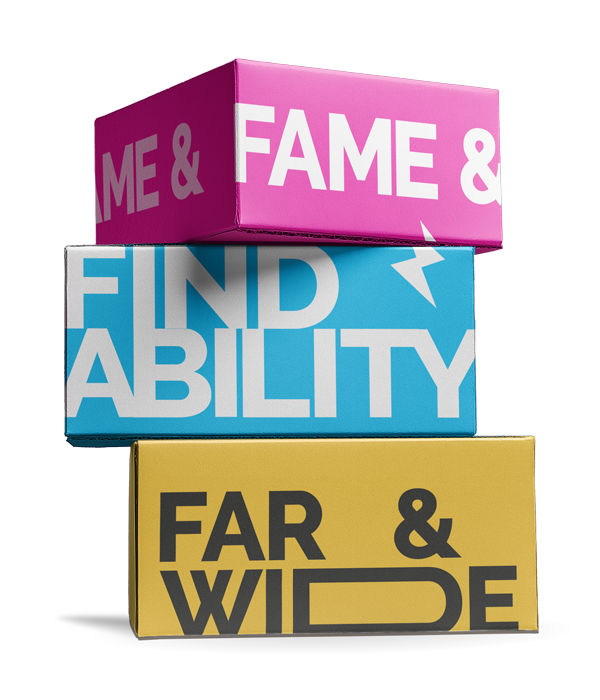 Stacked colorful blocks with bold text reading "FAME &", "FIND ABILITY", and "FAR & WIDE" in different colors.