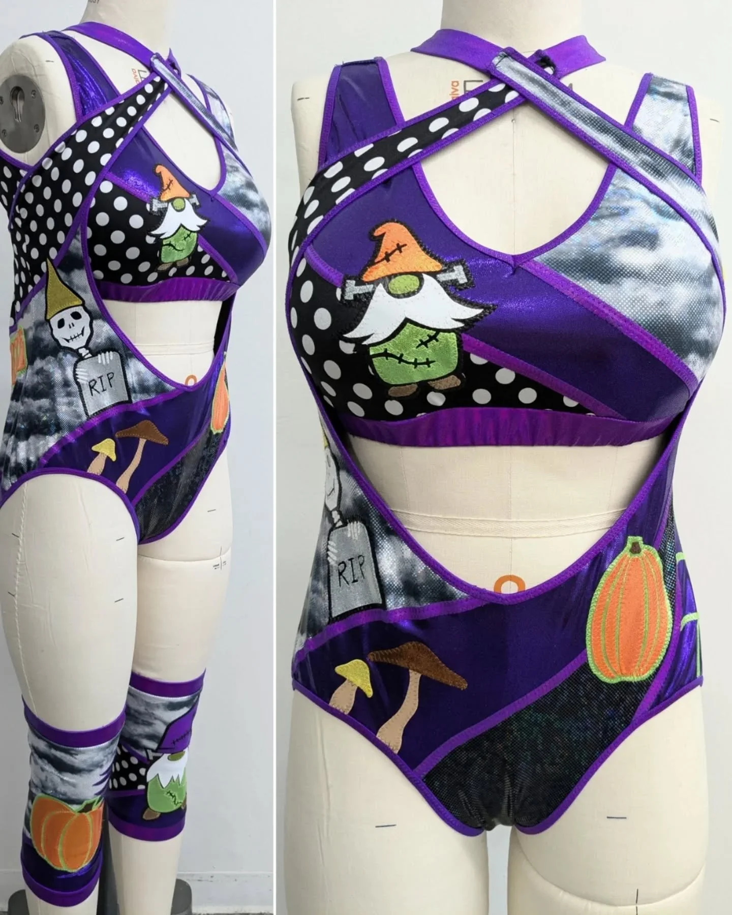 Franken-gnome!! Working with @the_gnomie is so much fun! She let's me design special themed gear a few times each year and I just LOVE this Halloween set!
 🎃🕸️🧟&zwj;♀️ 
#womenswrestling #customwrestlinggear #prowrestlinggear #wrestinggear #hallowe