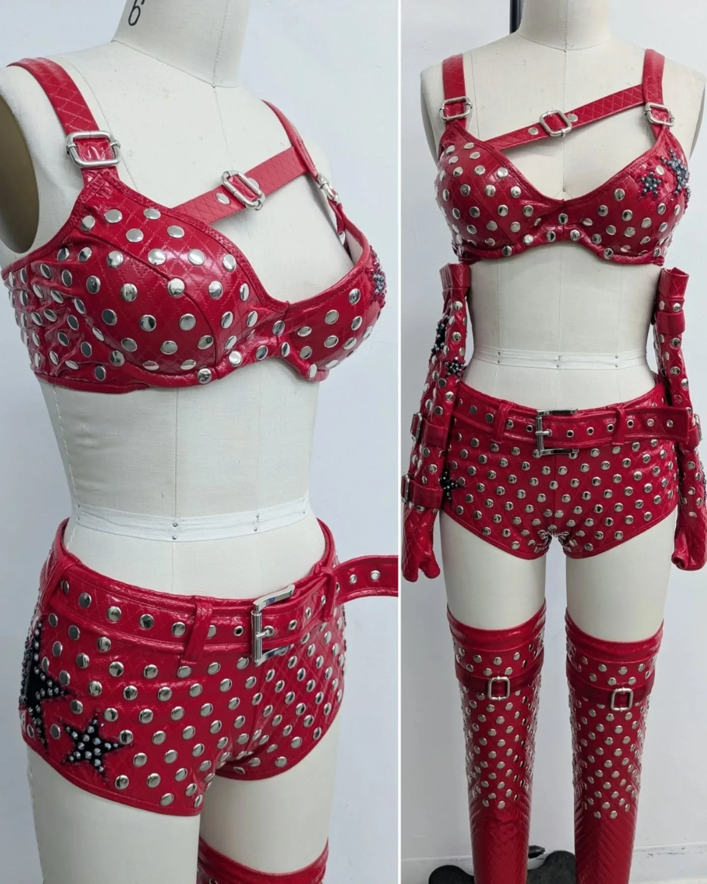 So many studs!!! Close up pics of red gear for @roxanne_wwe ! 
❤️🖤❤️
#wwe @wwe #roxanneperez #mondaynightraw #womenswrestling #prowrestlinggear #wrestinggear #customwrestlinggear