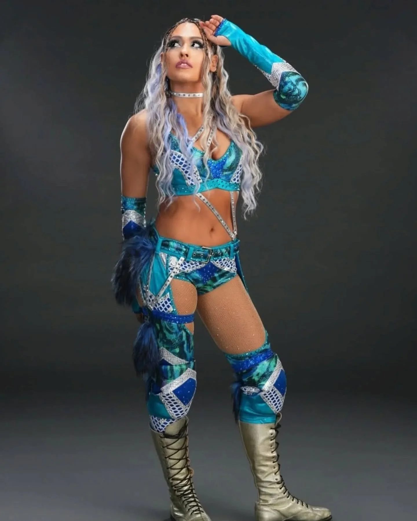 Too many beautiful photos to be able to choose... So you get them all! @0221giulia in her newest gear!! Absolutely loved getting to create this Beautiful Madness! 
💙🩵🤍🩵💙
#wwe @wwe #smackdown down #beautifulmadness