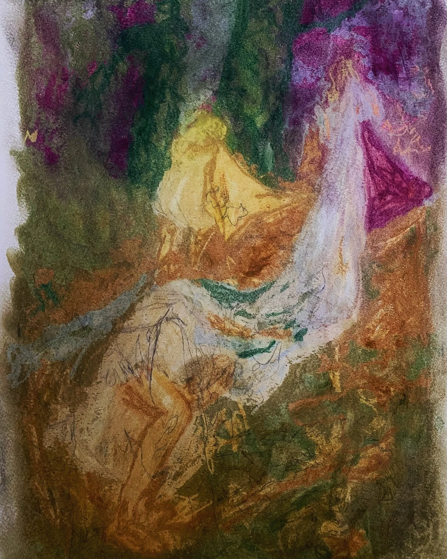 Happy Valentine&rsquo;s Day 🧚&zwj;♀️❤️
&lsquo;Sacred Spring&rsquo;
Simone
Oil Pastel painting of friends in Somerset cleaning the sacred spring draped in falling fabrics by the hill side. 

#romanticism #renaissance #2025 #valentineday #art #love