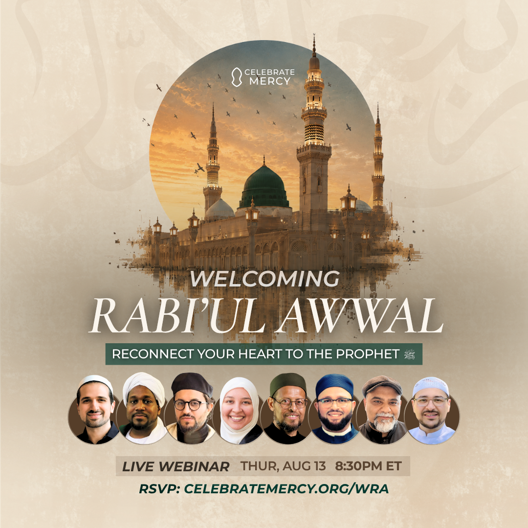 Invitation for a webinar titled "Welcoming Rabi'ul Awwal" featuring an Islamic mosque with minarets and a sunset background, and photos of eight speakers at the bottom.