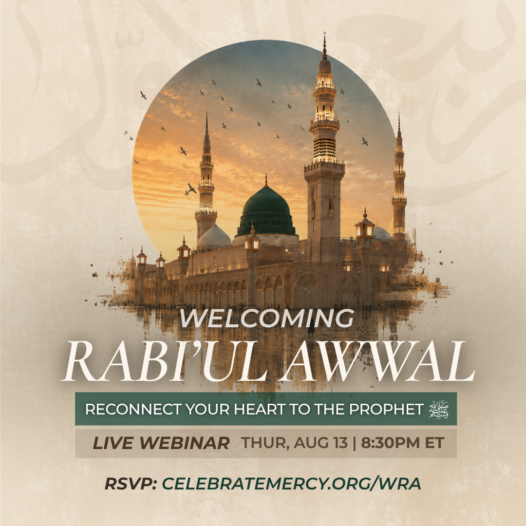 Invitation for a webinar titled "Welcoming Rabitul Awwal" with an image of a mosque with three minarets at sunset.