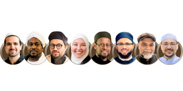 A diverse group of nine people, including men and women of different ethnicities, wearing head coverings and glasses, smiling and posing together.