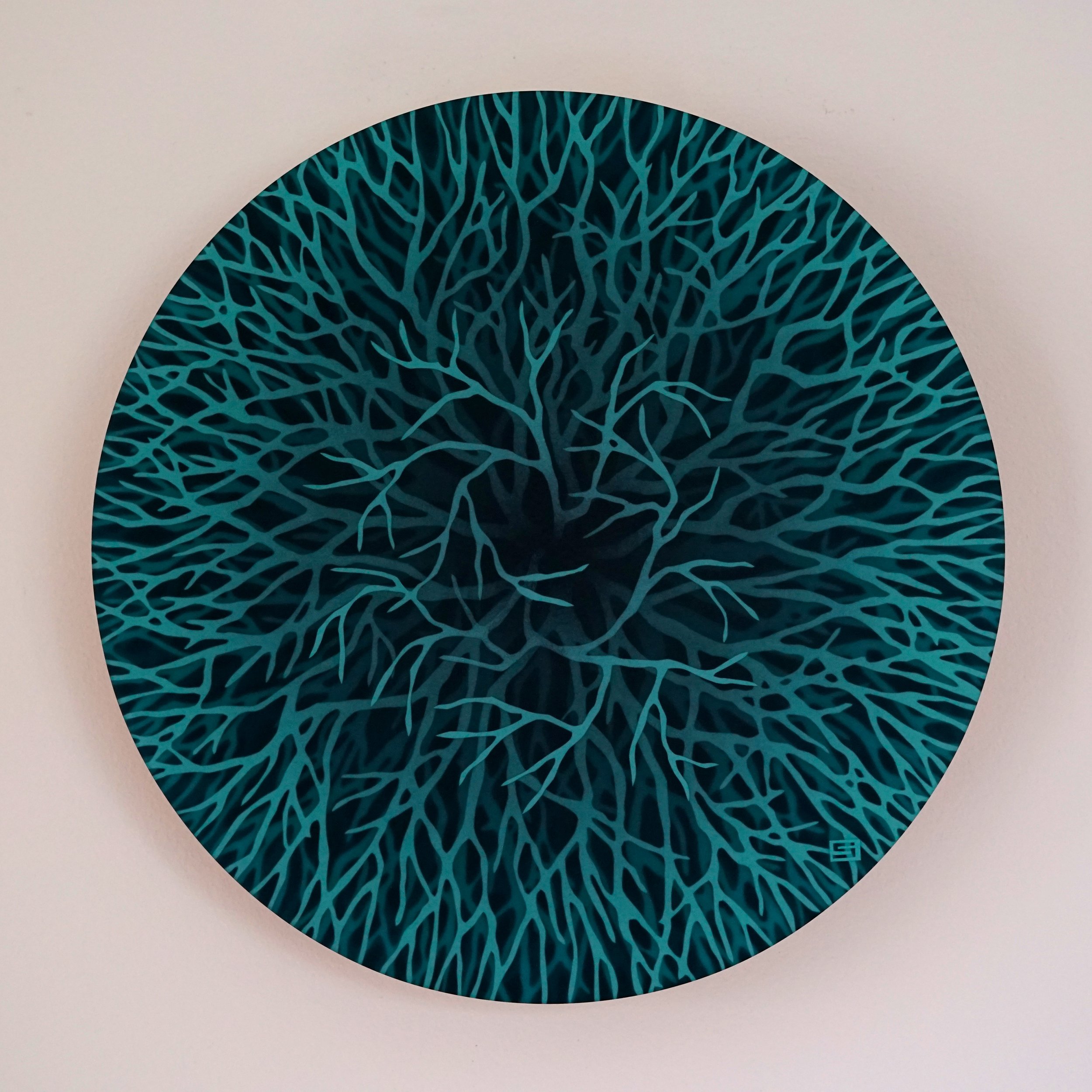 Tree Top Down #6 14%22 diameter Tondo Mixed Media on Birch Panel 2025. $880 .jpg
