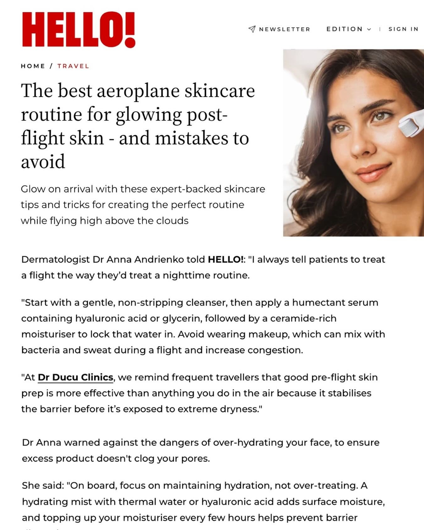 Excited to see @drducu.clinics featured in HELLO!&rsquo;s expert-backed guide to in-flight skincare. Dr Anna shares top tips for pre-flight prep, hydration mid-air, and post-flight recovery &mdash; a must-read for any frequent flyer. 💼✈️ #DrDucu #Sk