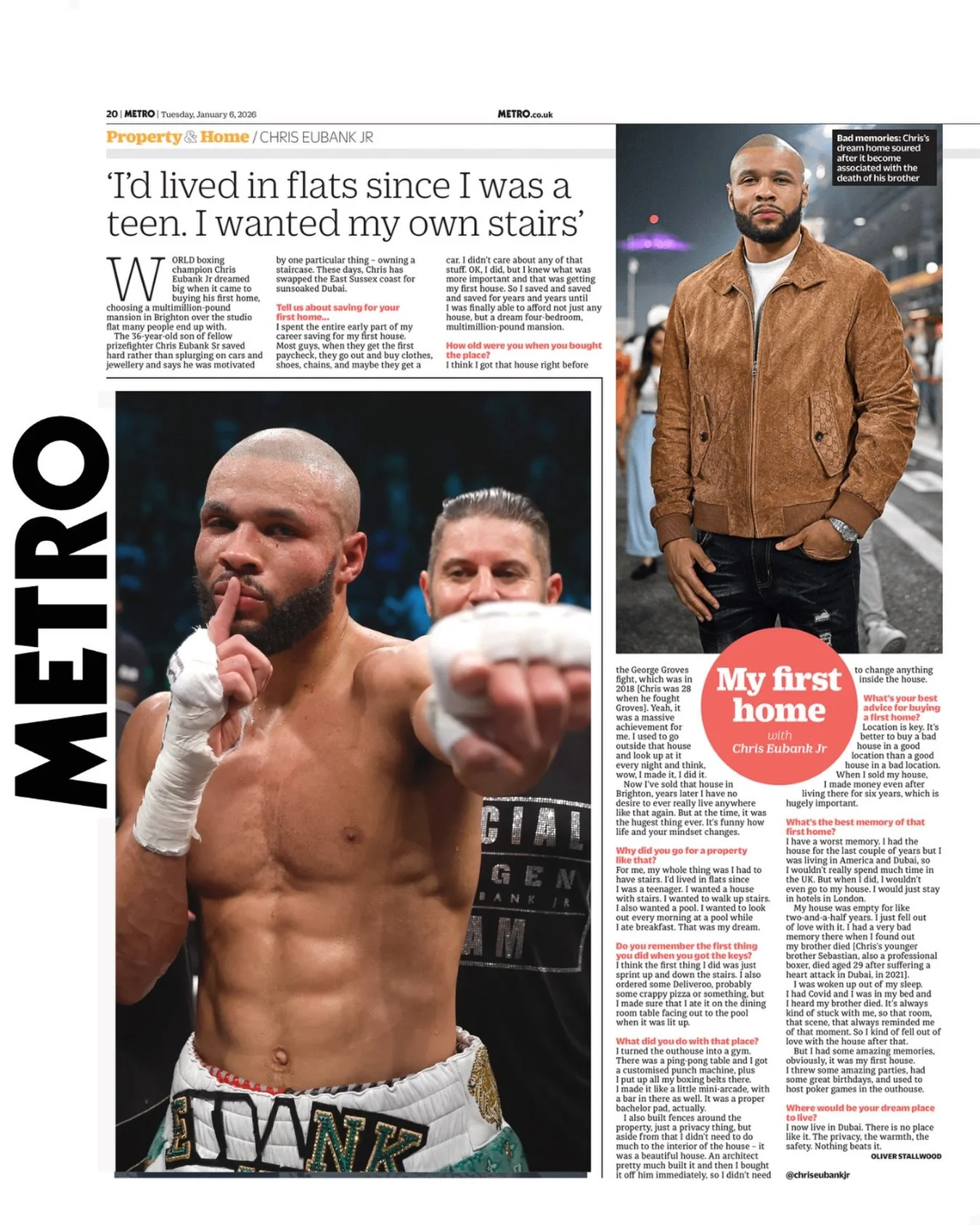 National print press coverage, @chriseubankjr featured in The Metro for My First Home. #chriseubankjr #boxing #streamlinepr