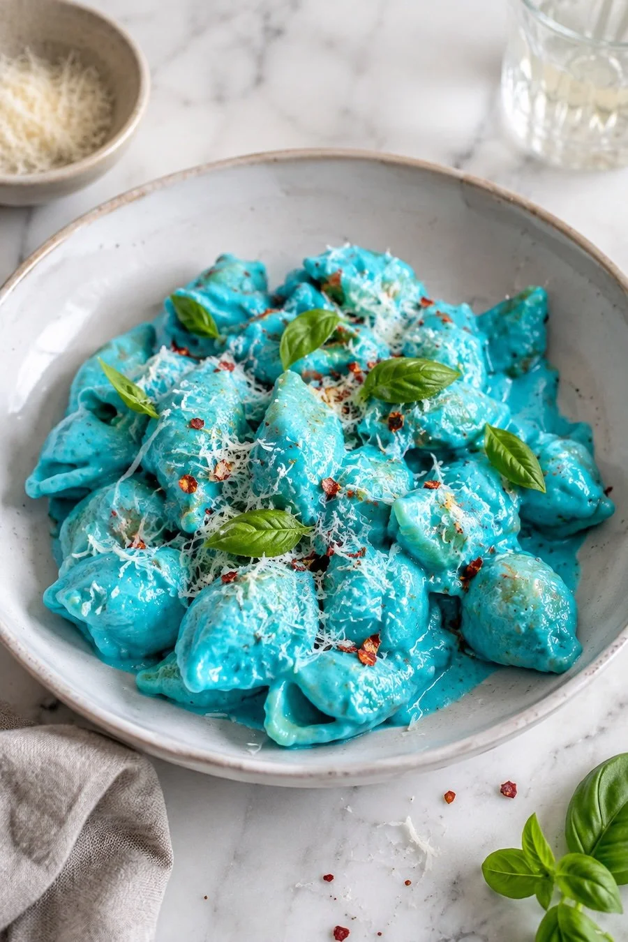 Annos sinisen väristä pastaa, pinnalla parmesaania ja tuoretta basilikaa. Asetelma keititön pöydällä