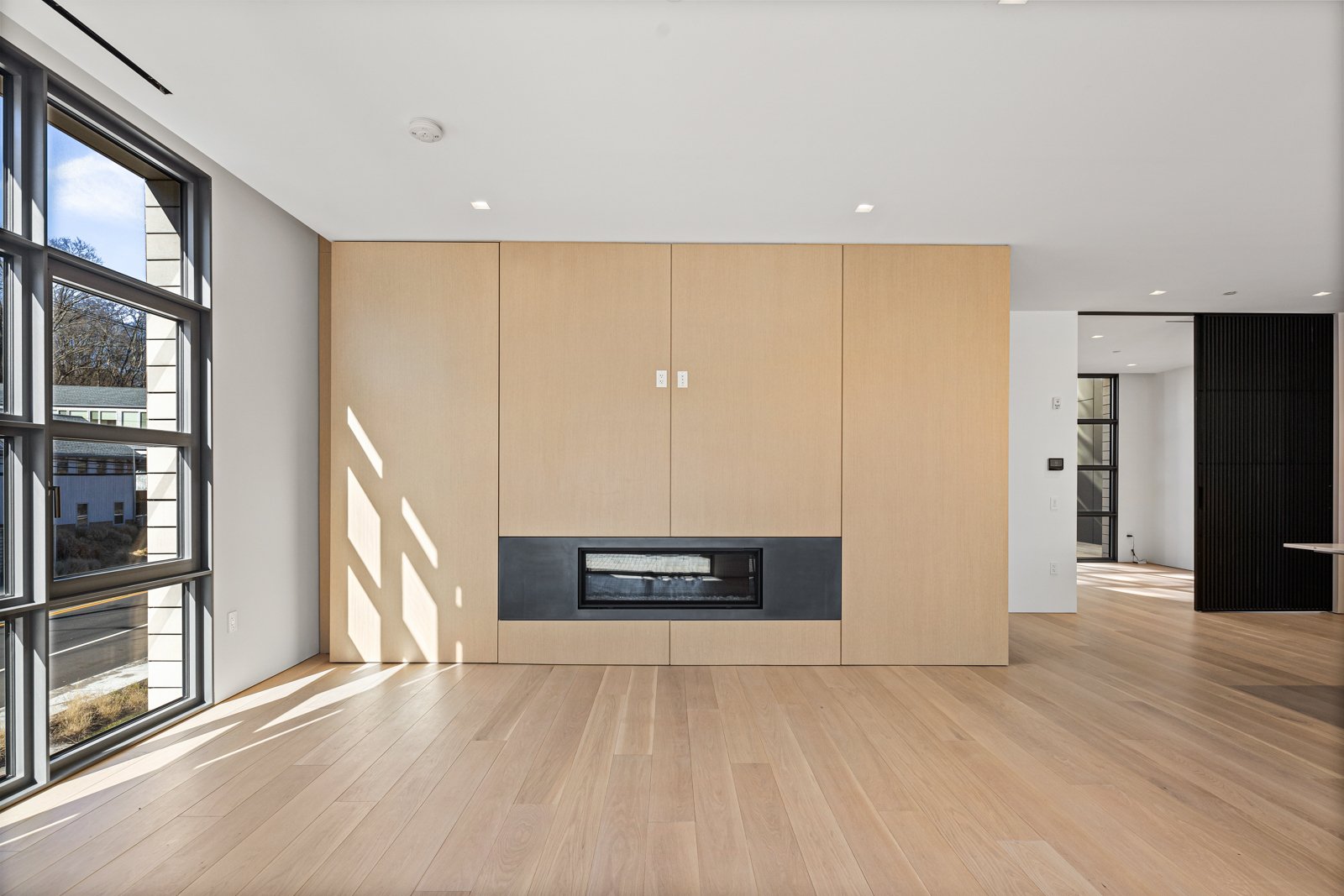 Living room with linear fireplace and hidden storage