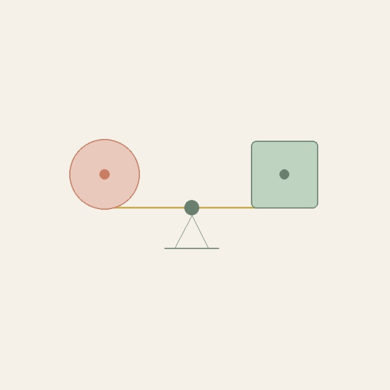 A balance scale where a circle (representing people/humanity, in dusty rose) is weighed against a rounded square (representing systems/law, in sage green), connected by a warm gold bar balanced on a triangular fulcrum.