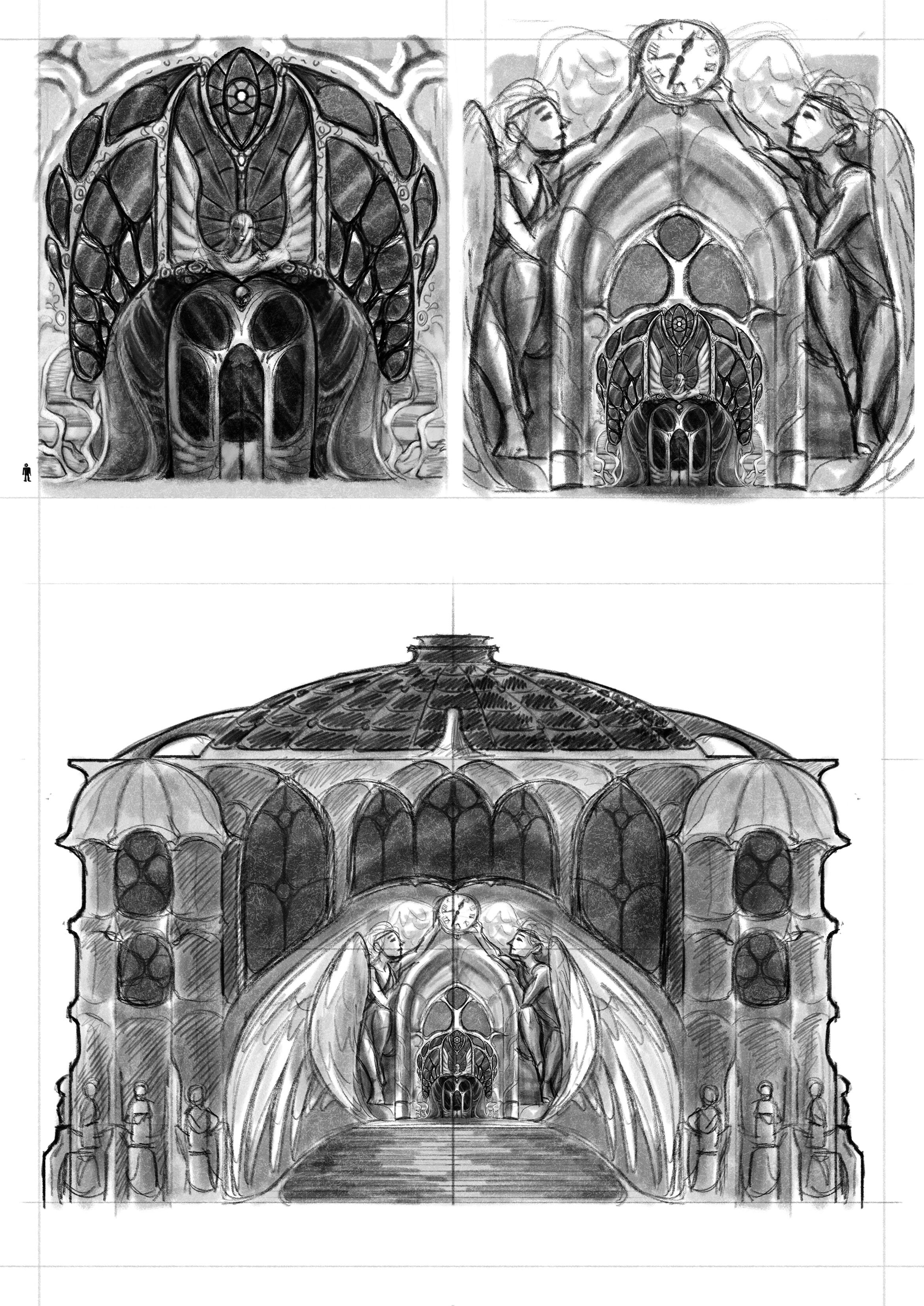 Visualization of Mephistopheles Theater/The Old Opera House, where the story takes place. I decided to take the story out of Paris - and the Paris Opera House - and set it in a nonspecific old city. This allows me a bit of freedom when it comes to v