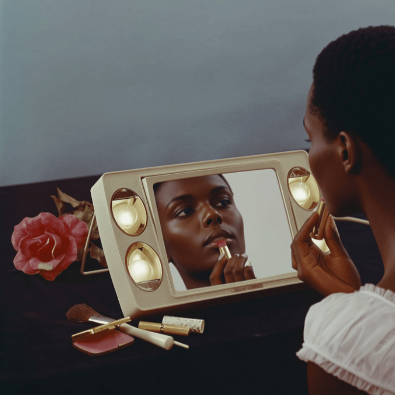 A vintage photo of a woman getting ready in a mirror with roses on the side.