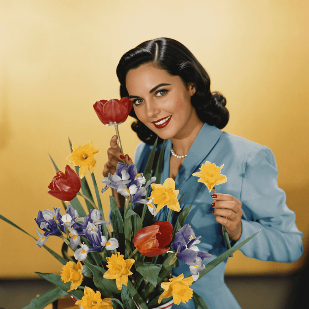 A. vintage photo of a woman arranging flowers.