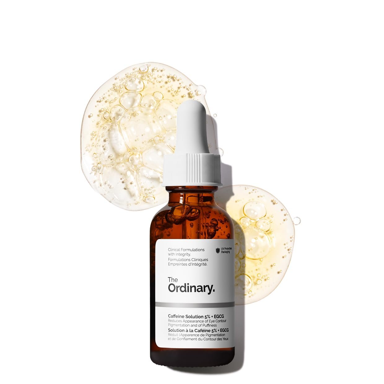 The Ordinary caffeine solution bottle with two circular gel patches behind it, both with a bubbly gel appearance.