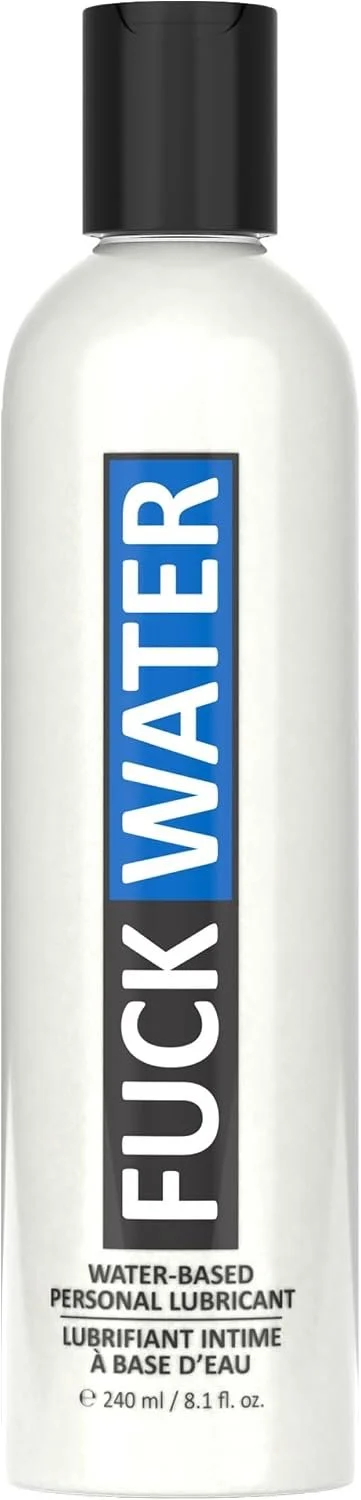A bottle of water-based personal lubricant with a black cap and a label that reads "FUCK WATER" in large blue and black text.