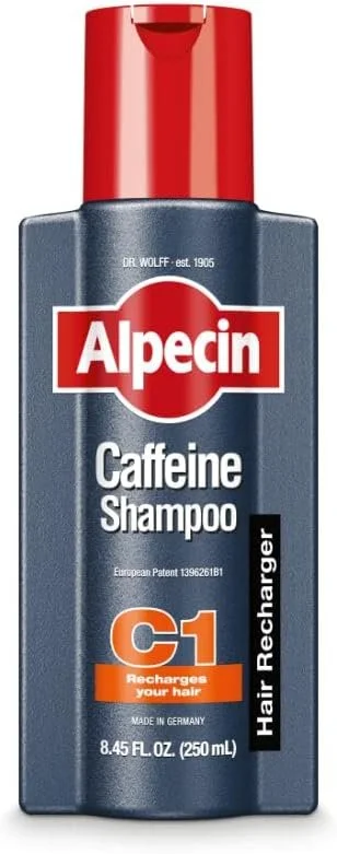 Alpecin Caffeine Shampoo bottle with red cap and blue body, labeled for hair energizing and recharging.