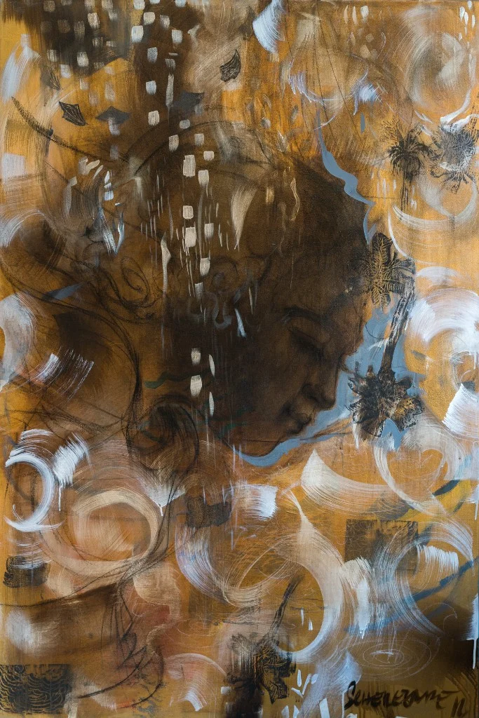 Yemaya in Exile I, 2016, Acrylic, charcoal, pigment, ink on linen, linoleum, 60h x 49w in