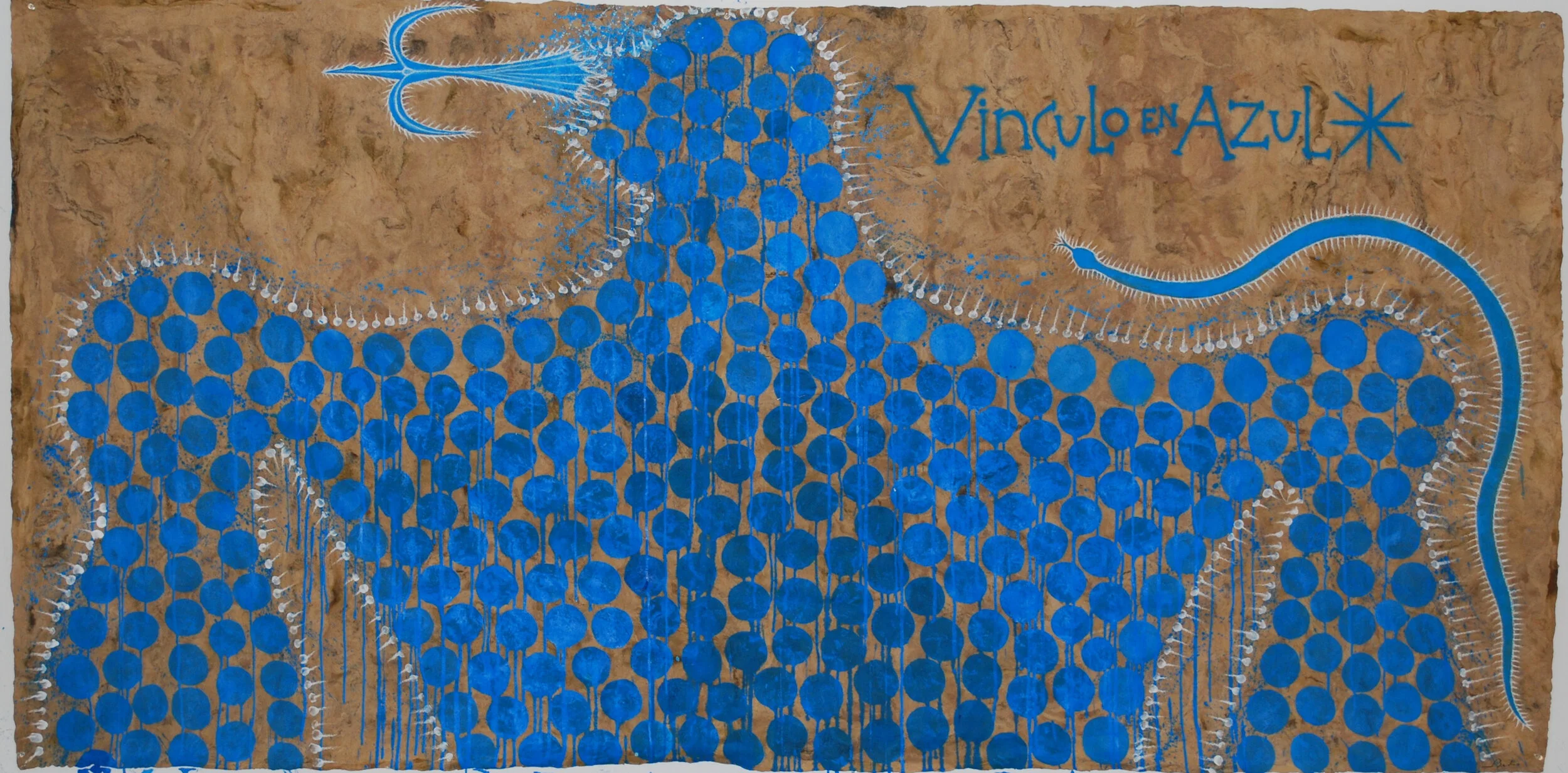 José BediaVínculo en Azul,  2014 Mixed media on Amate paper 48h x 94w in