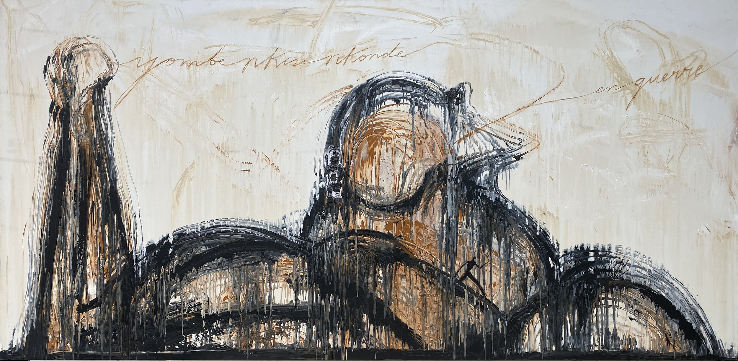 José Bedia, Yombe Nkisi Nkonde En Guerre, 2015, Mixed media on canvas, 54h x 112w in, 137.16h x 284.48w cm