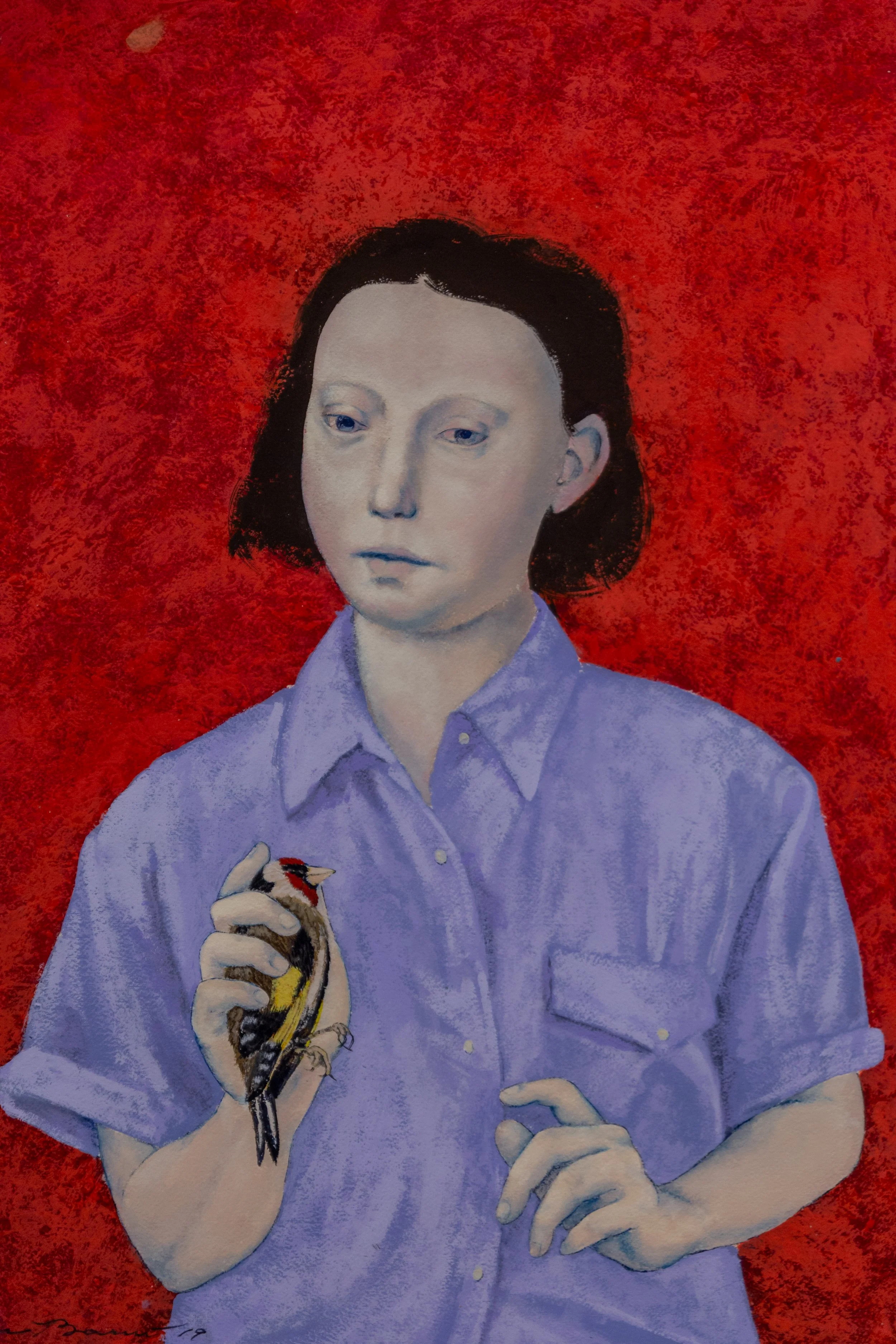 Los Bravú Retrato con jilguero, 2018 Vinyl acrylic on Canson Montval 300gr paper 42.50h x 50w cm