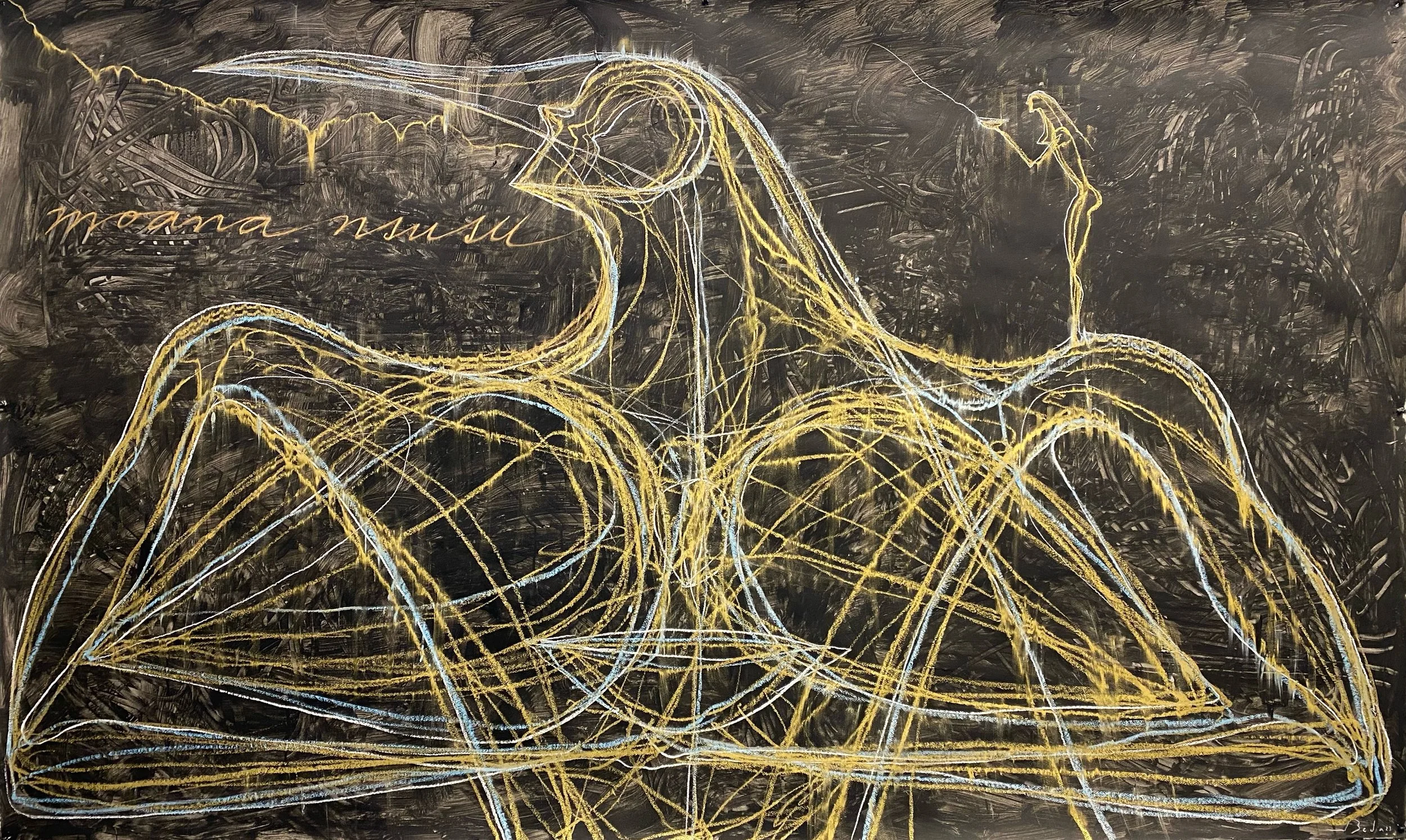José Bedia Moana Nsusu, 2023 Mixed Media Acrylic and crayon on paper 59h x 97.50w in 