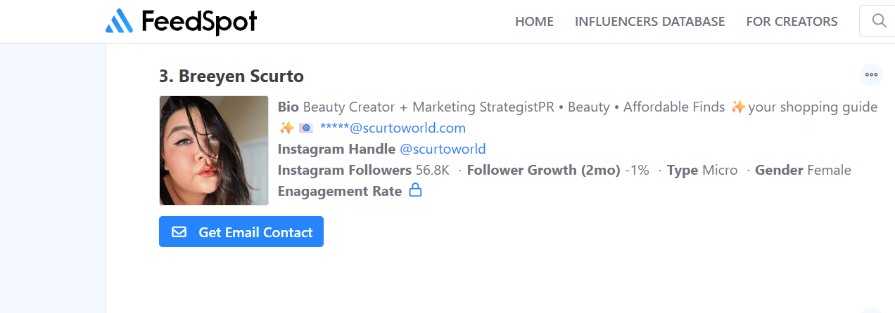 Screenshot of a webpage from FeedSpot featuring Breeyen Scurto's influencer profile, including her profile photo, Instagram handle '@scurtoworld', follower count of 56.8K, and a blue button labeled 'Get Email Contact'.