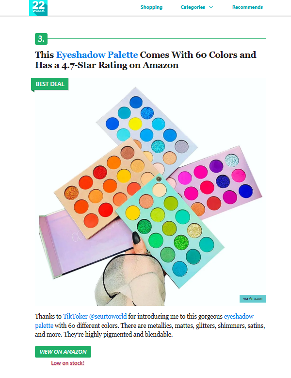 Colorful eyeshadow palettes with 60 different shades, including metallics, mattes, glitters, shimmers, satins, and more, displayed fanned out on a table.