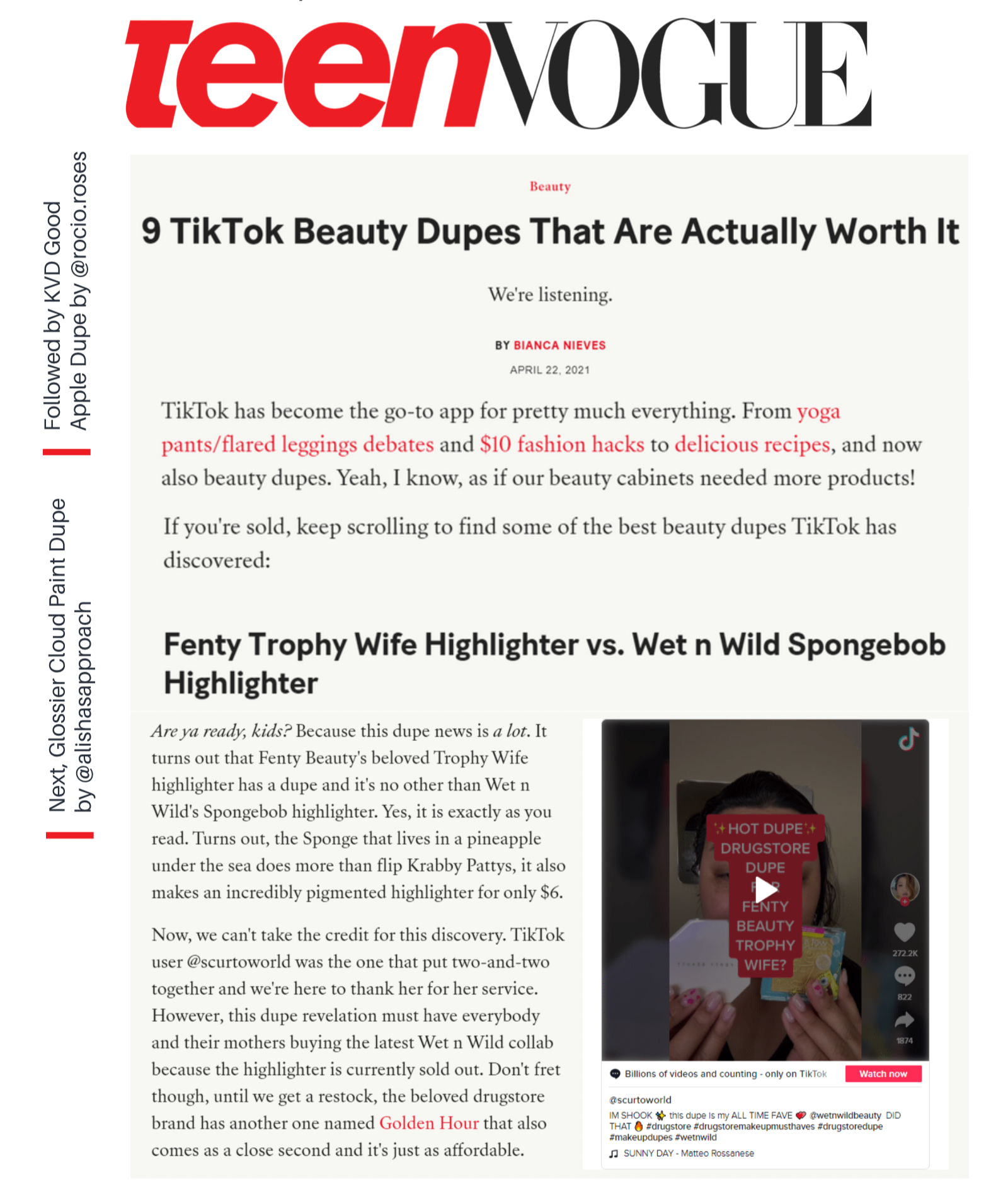 Screen capture of a Teen Vogue article titled '9 TikTok Beauty Dupes That Are Actually Worth It' by Bianca Nieves, published on April 22, 2021, with a partially visible TikTok video featuring a person holding a pink phone case and a makeup product.